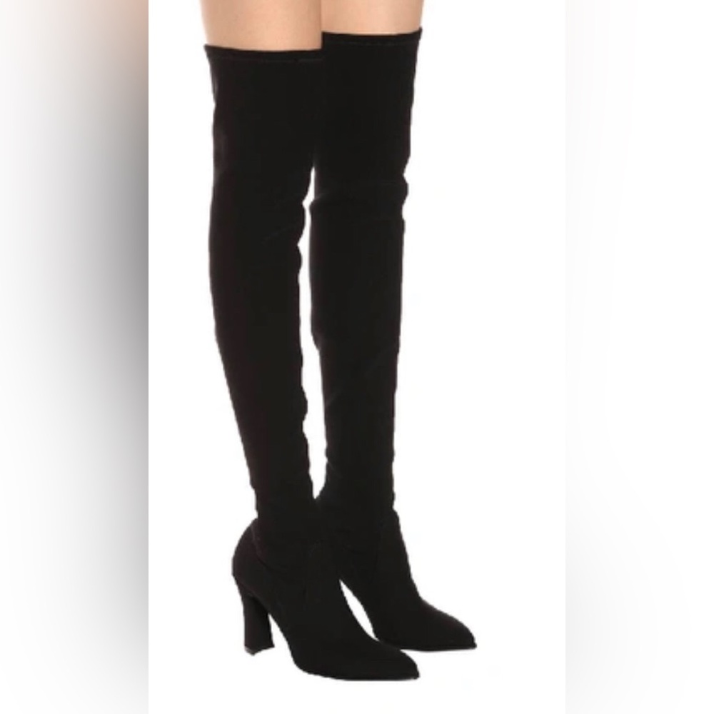 Stuart Weizmann high champ ebony satin boot, 6M, black, new
